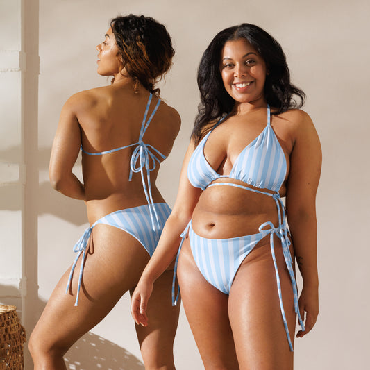 Women's Light Blue Stripes Buttery Soft Recycled String Bikini With UPF 50+
