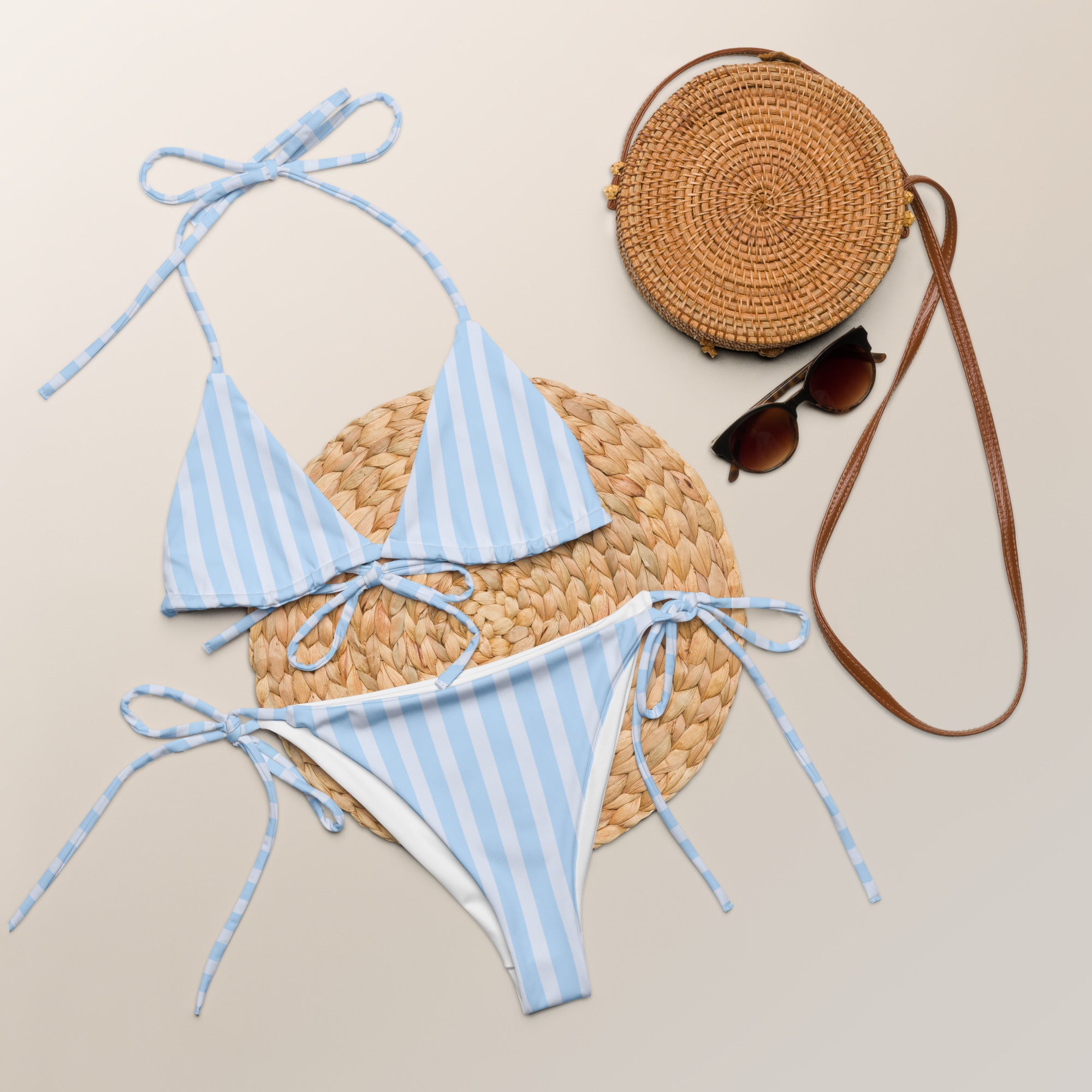 Women's Light Blue Stripes Buttery Soft Recycled String Bikini With UPF 50+