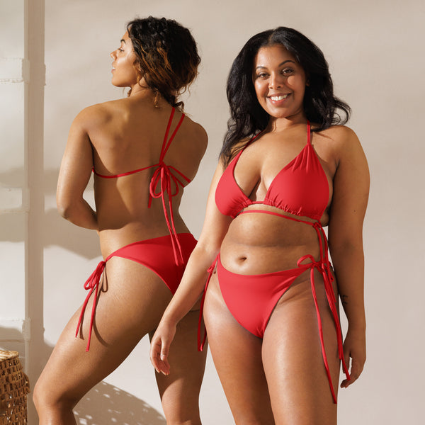 Women’s red buttery soft recycled string triangle bikini set with adjustable tie-side strings and upf 50+ protection