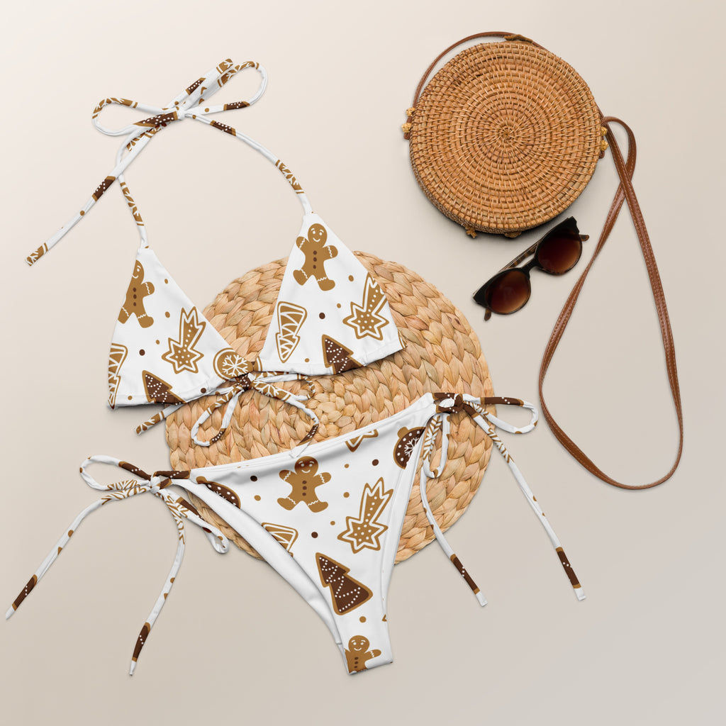 White gingerbread cookies print bikini set with adjustable tie-side strings made from buttery soft recycled fabric with upf 50+