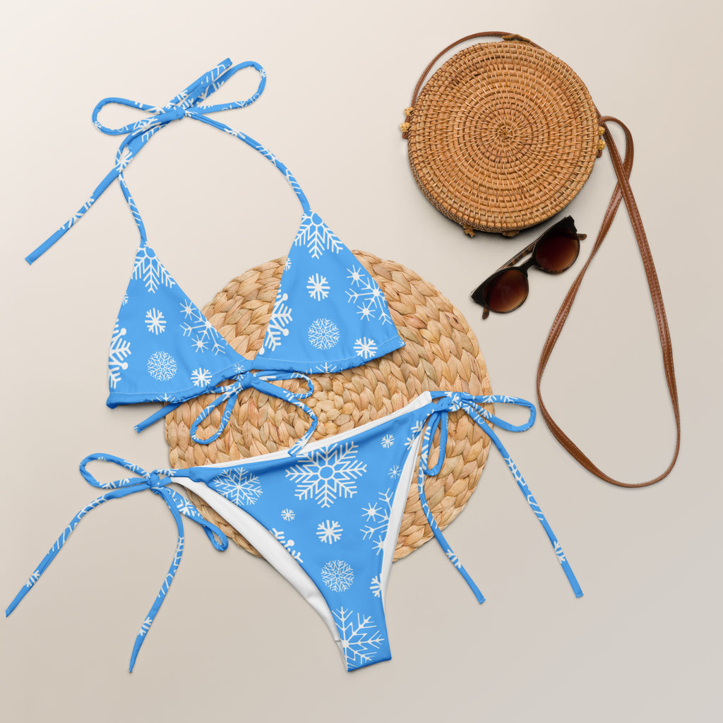 Women's Blue Snowflake Buttery Soft Recycled String Bikini With UPF 50+
