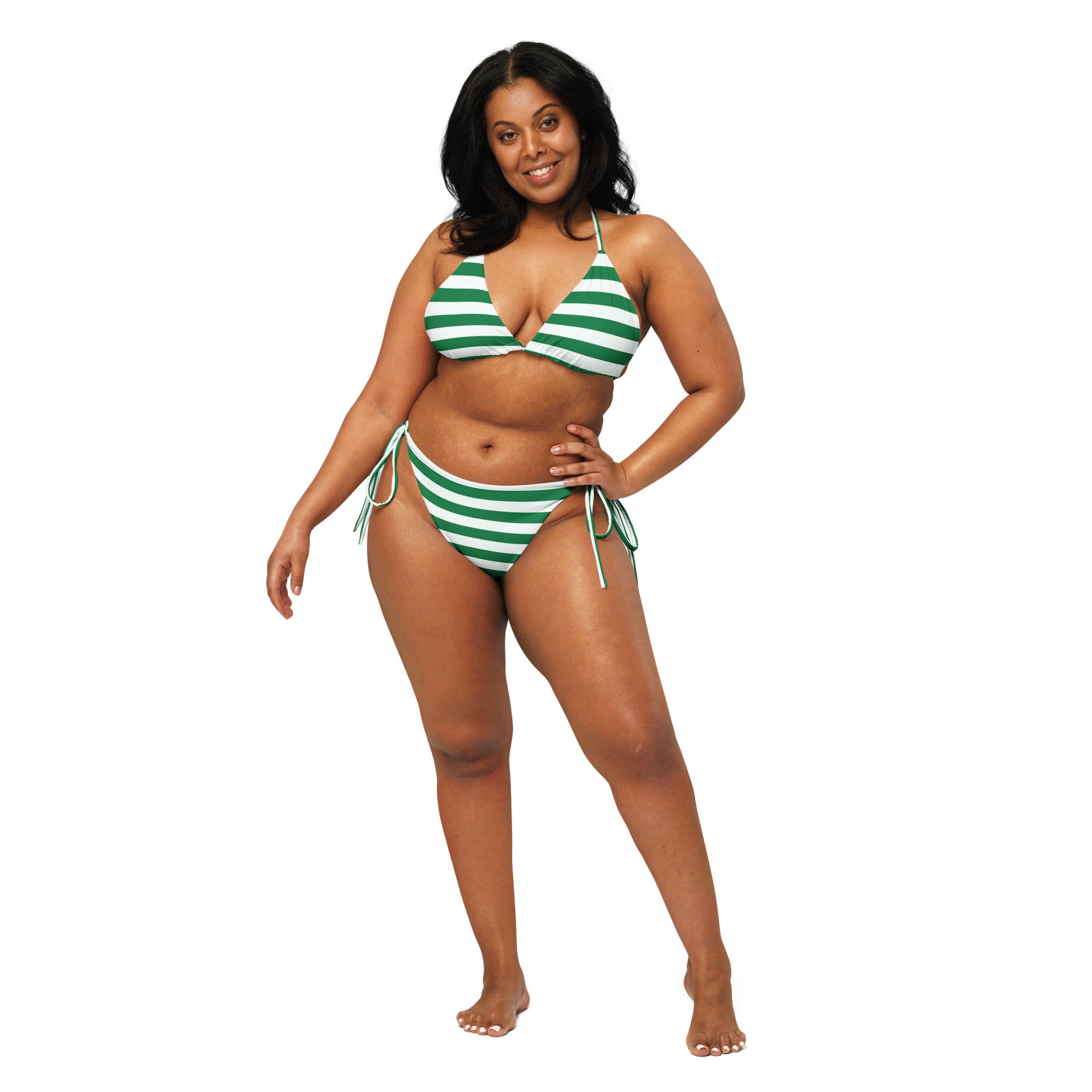 Women's Green & White Christmas Stripes Buttery Soft Recycled String Bikini With UPF 50+