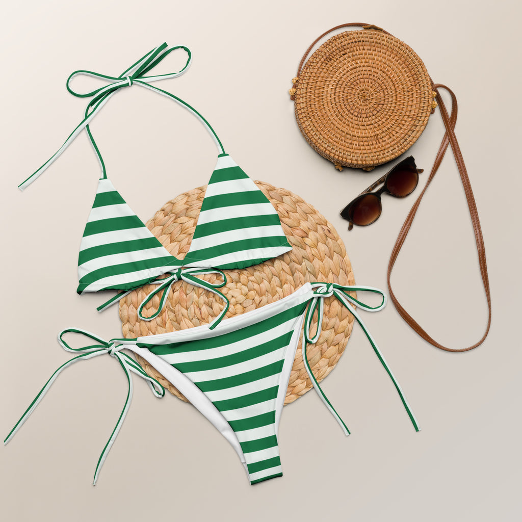 Women's Green & White Christmas Stripes Buttery Soft Recycled String Bikini With UPF 50+