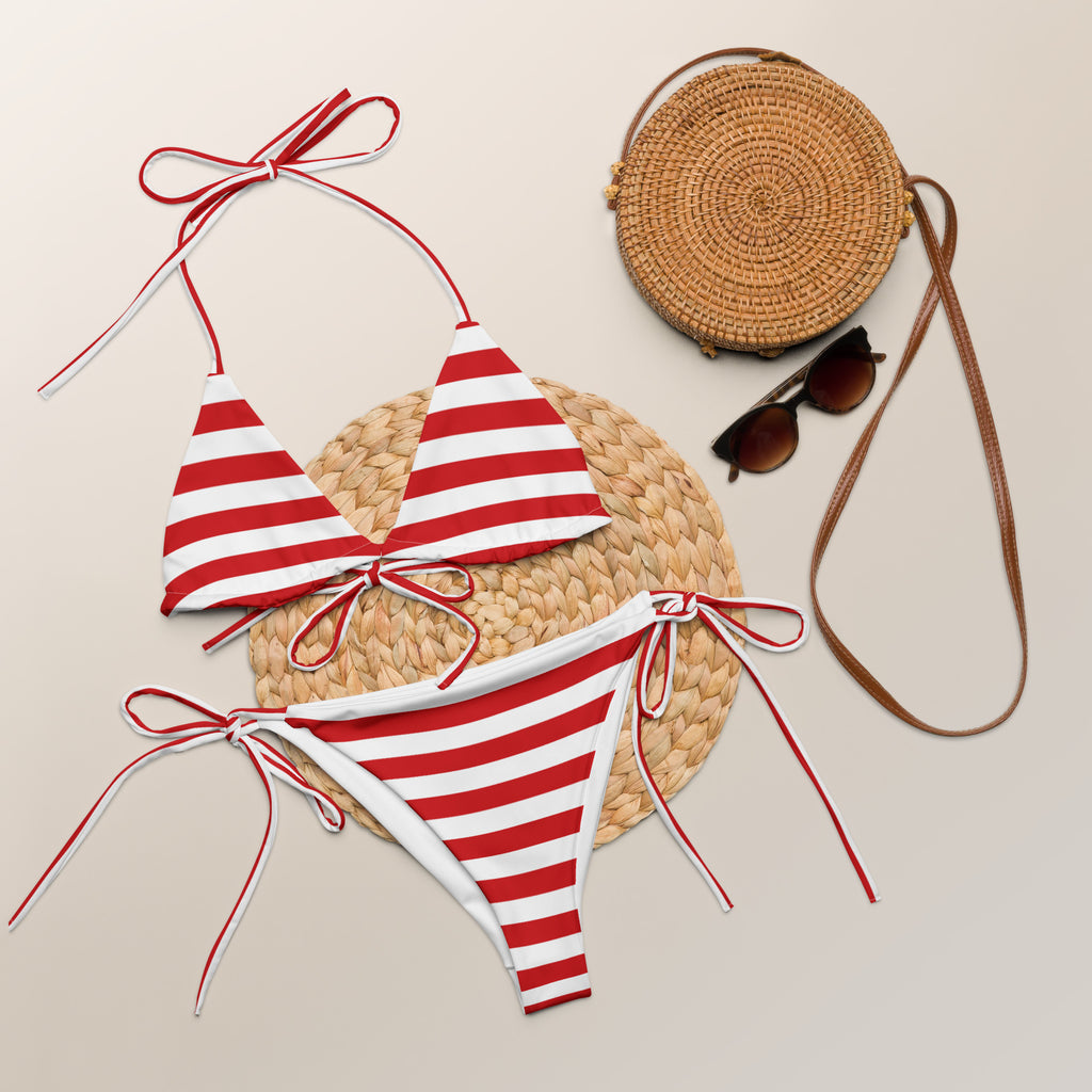 Women’s red and white striped recycled buttery soft string bikini with thin straps and tied side ties and upf 50+