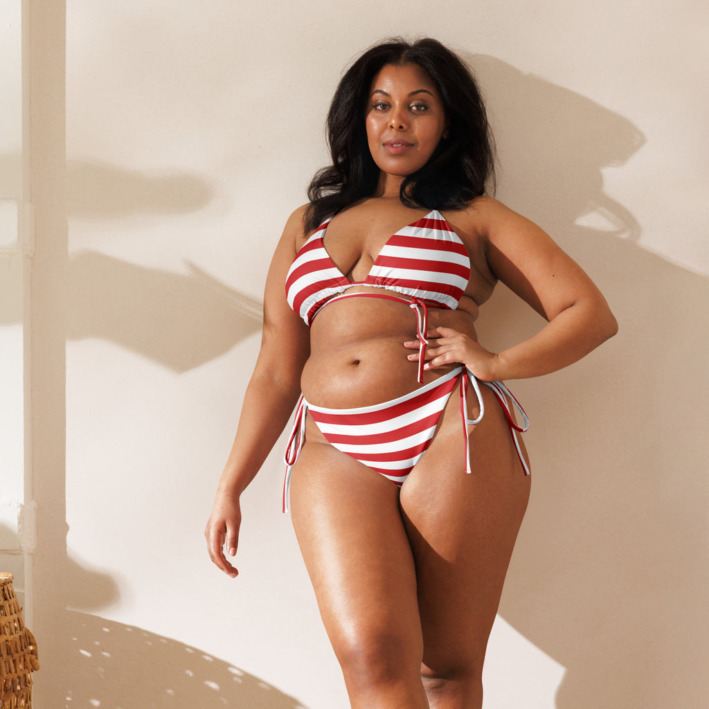 Women’s red and white recycled buttery soft string bikini set with adjustable side ties and upf 50+ protection