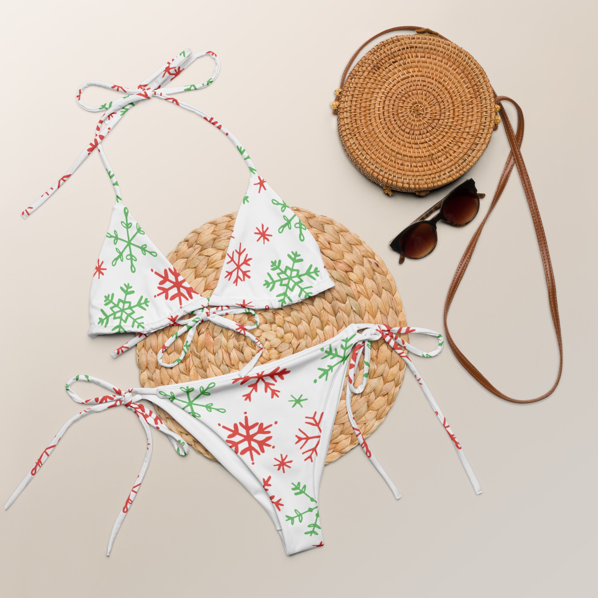 Women's Red & Green Snowflakes Christmas Buttery Soft Recycled String Bikini With UPF 50+