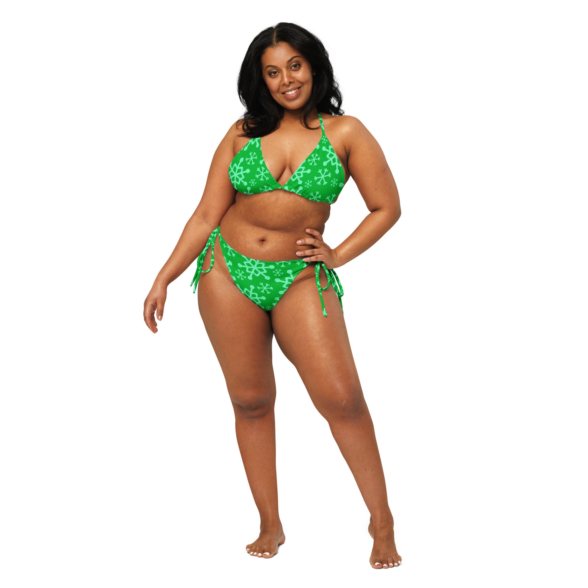 Women's Green Snowflake Christmas Buttery Soft Recycled String Bikini With UPF 50+