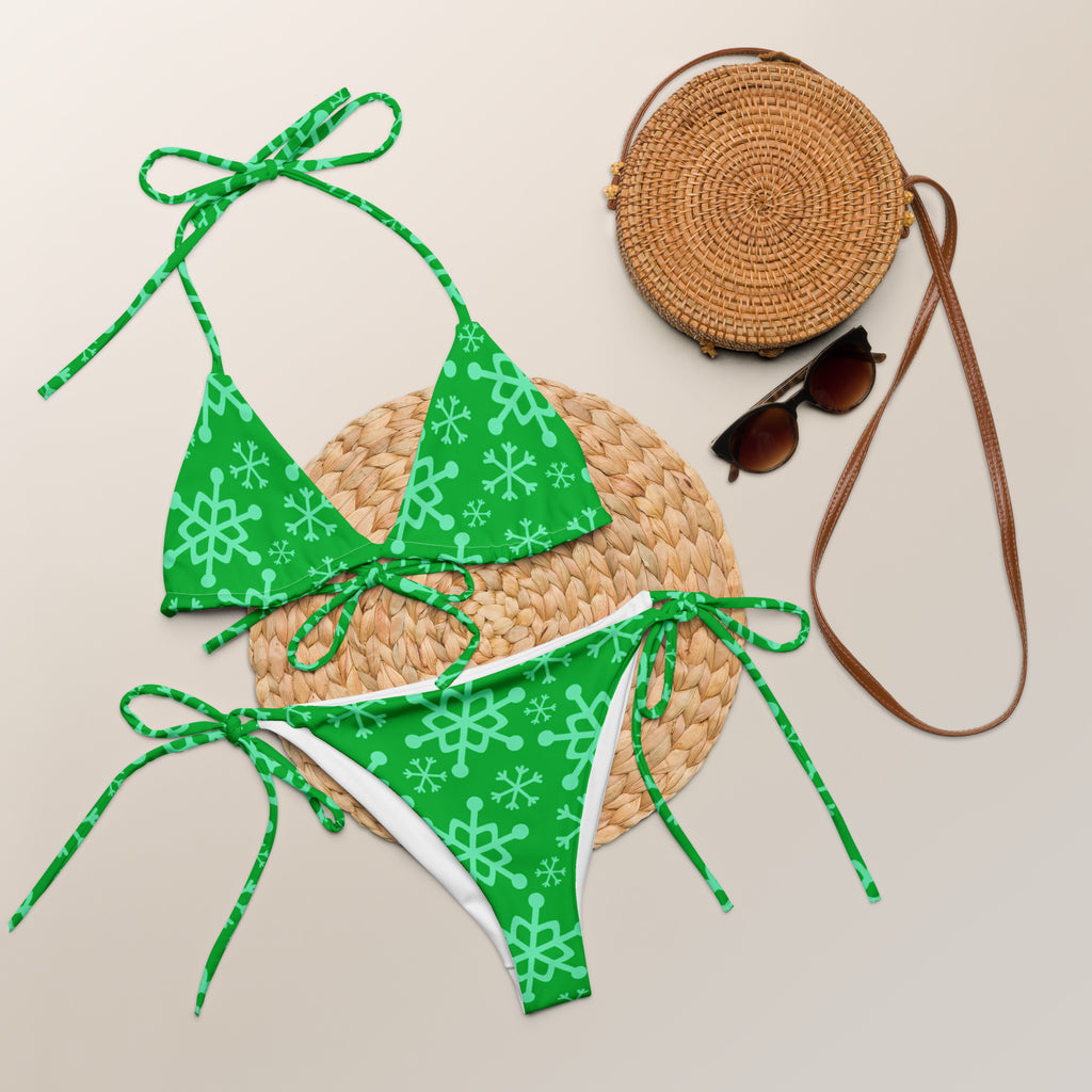 Women's Green Snowflake Christmas Buttery Soft Recycled String Bikini With UPF 50+
