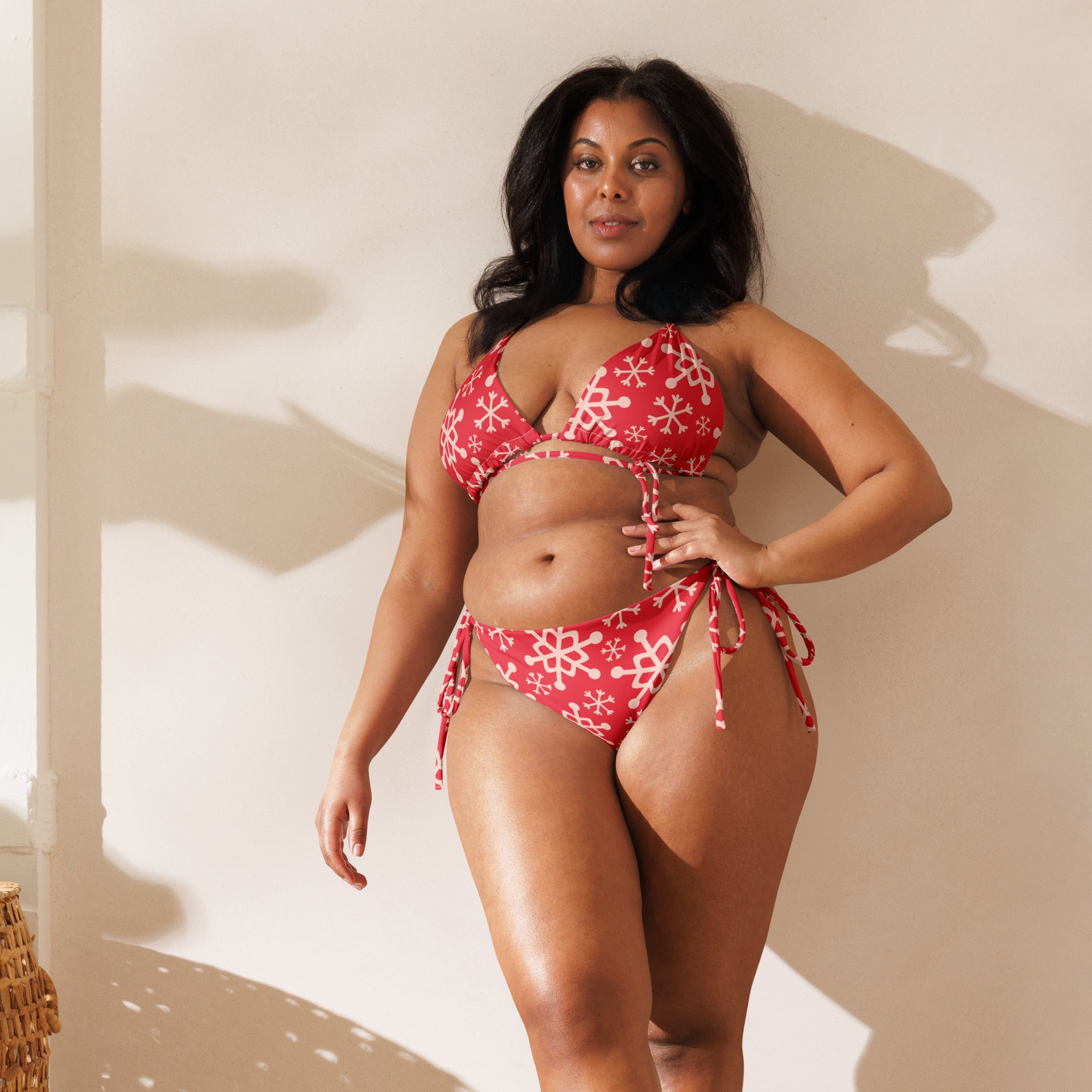 Women’s red snowflake christmas string bikini set with adjustable ties buttery soft recycled fabric upf 50+
