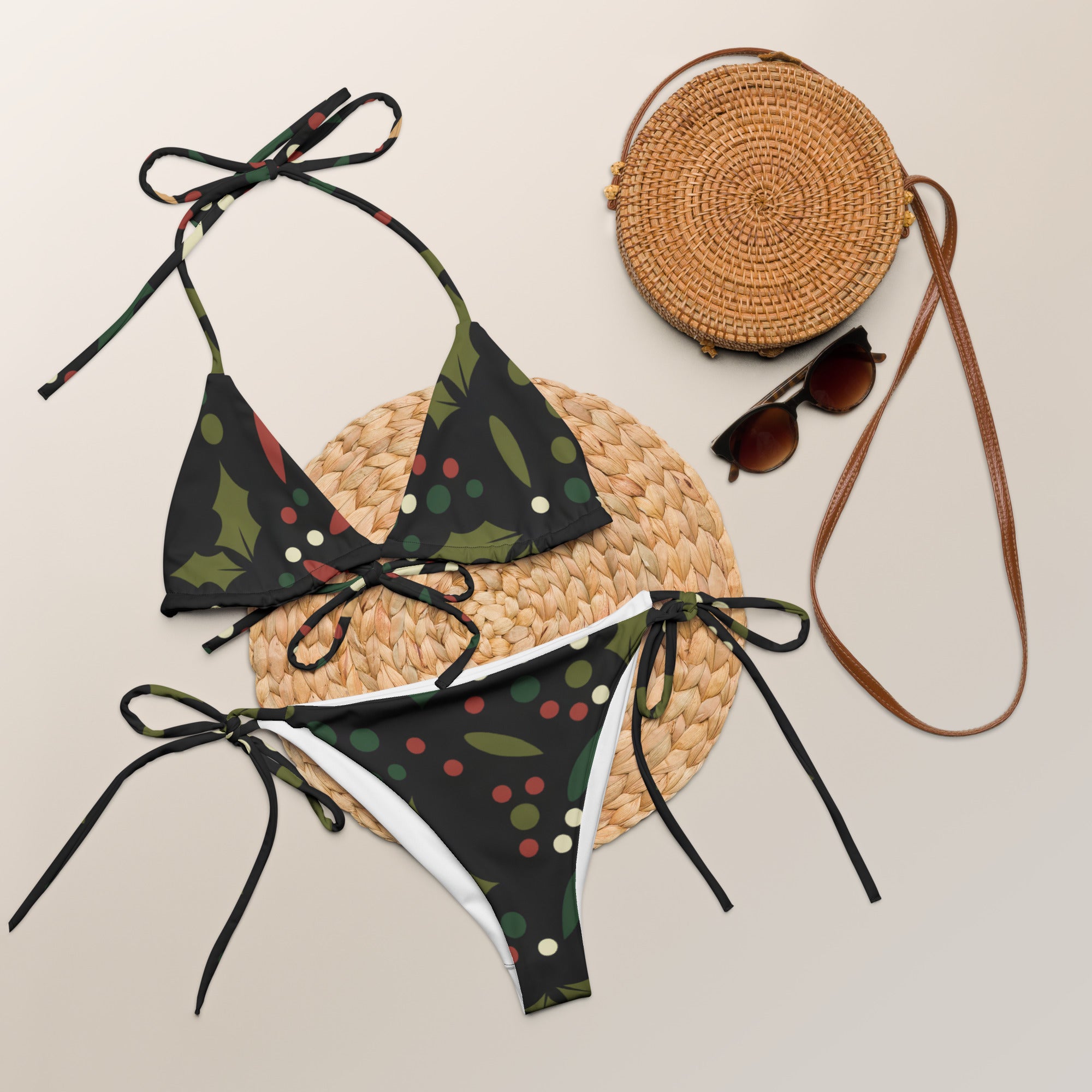 Women's Holly Berry Christmas Buttery Soft Recycled String Bikini With UPF 50+