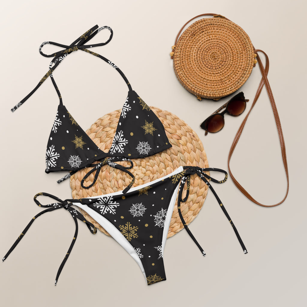 Women's White & Gold Snowflakes Christmas Buttery Soft Recycled String Bikini With UPF 50+