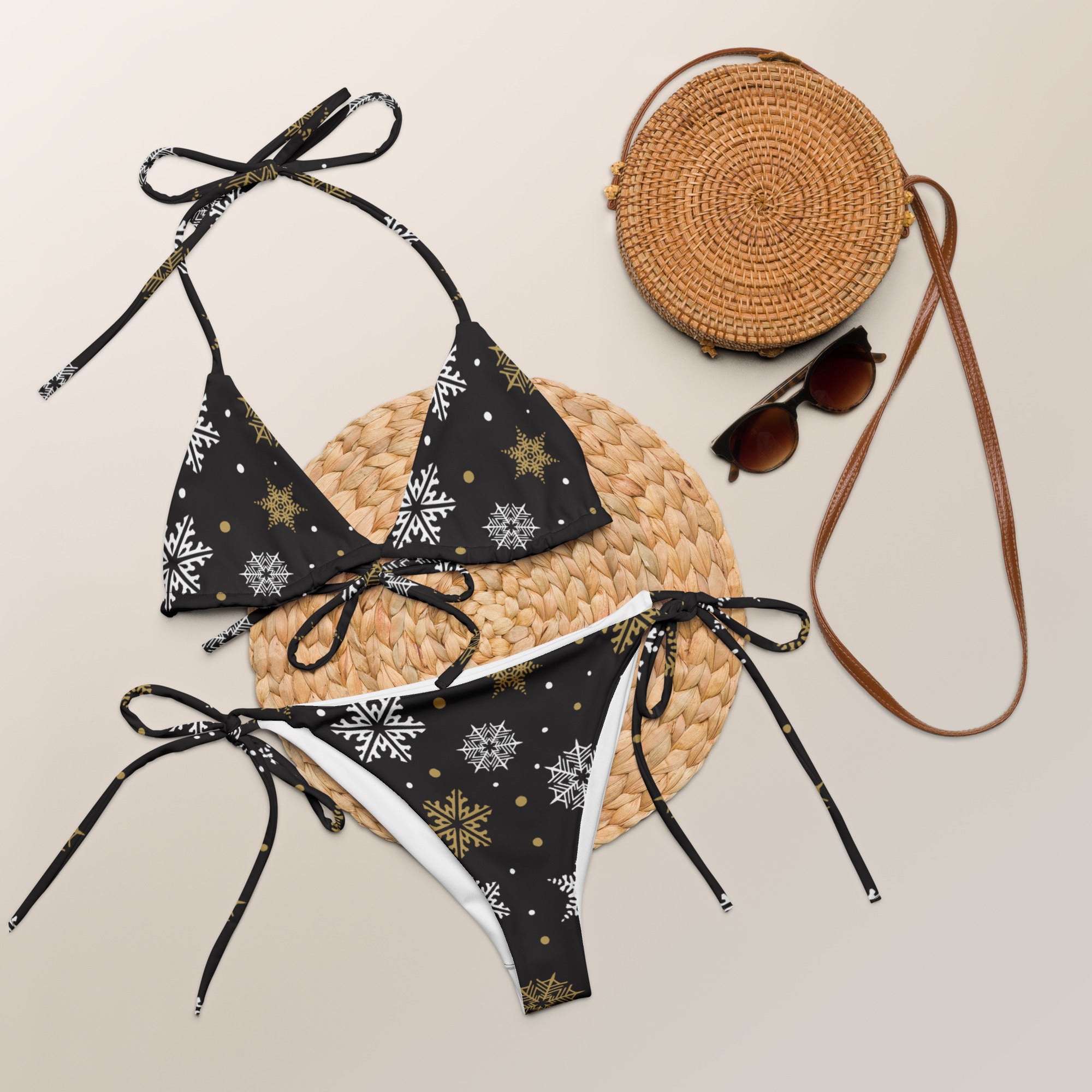 Women's White & Gold Snowflakes Christmas Buttery Soft Recycled String Bikini With UPF 50+