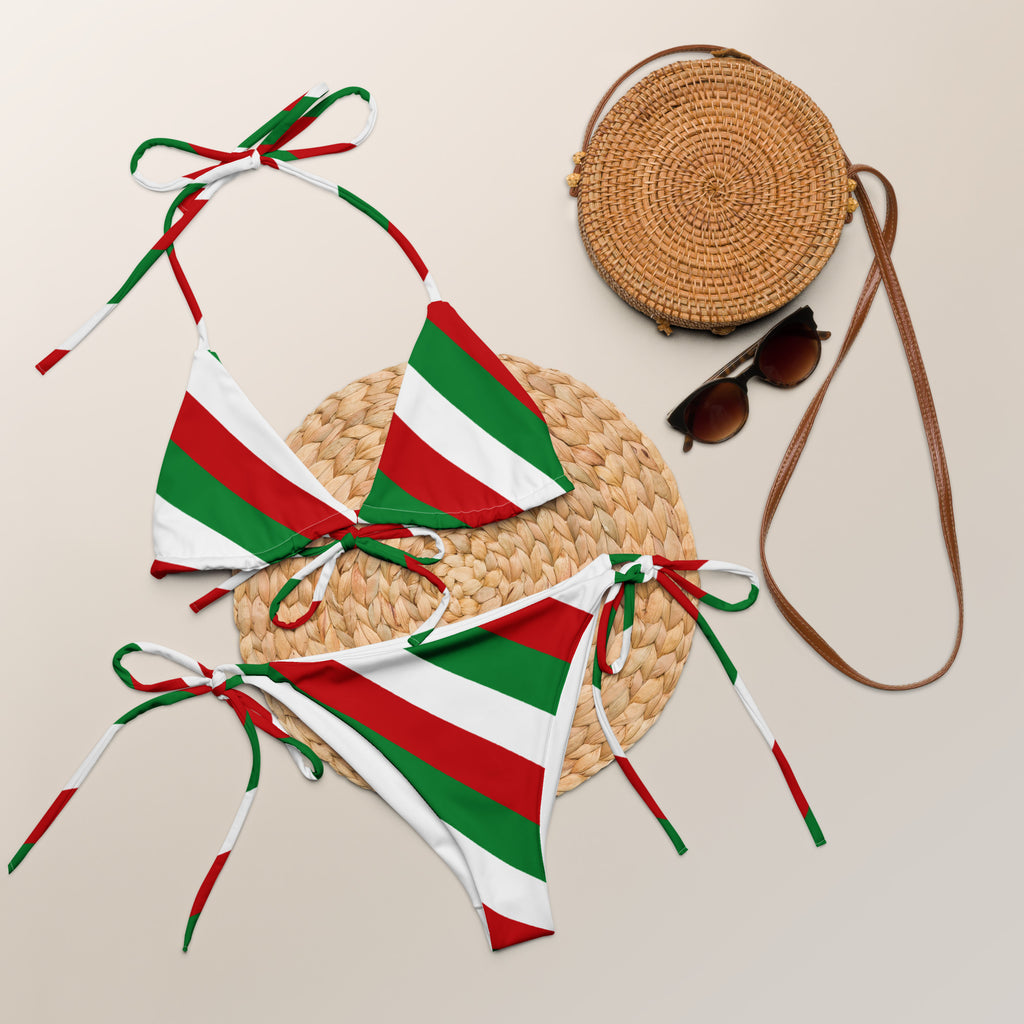 Women's Red, Green & White Christmas Stripe Buttery Soft Recycled String Bikini With UPF 50+