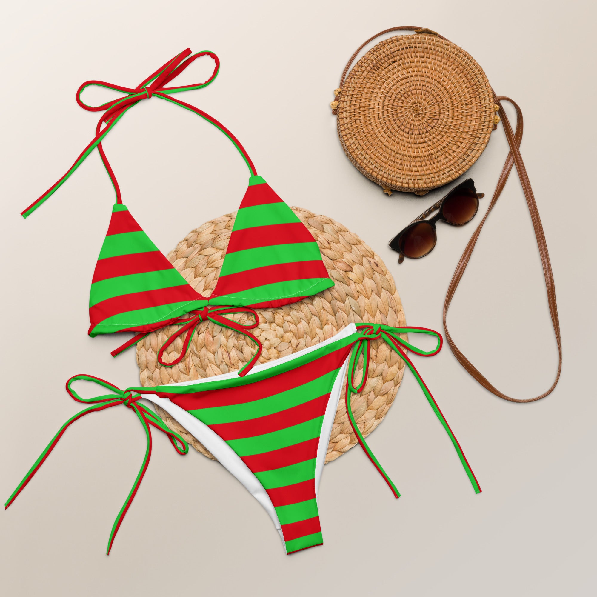 Women's Red & Green Christmas Stripes Buttery Soft Recycled String Bikini With UPF 50+