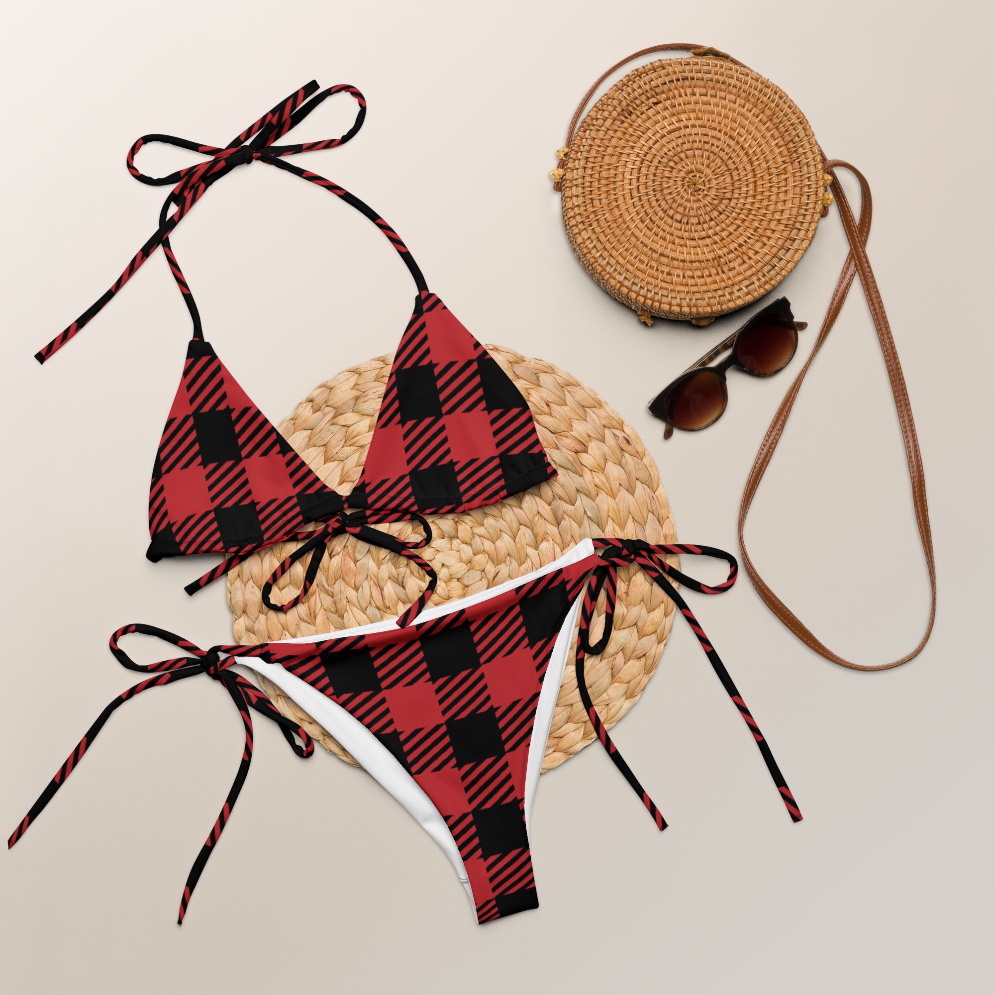 Women's Red Buffalo Plaid Christmas Buttery Soft Recycled String Bikini With UPF 50+