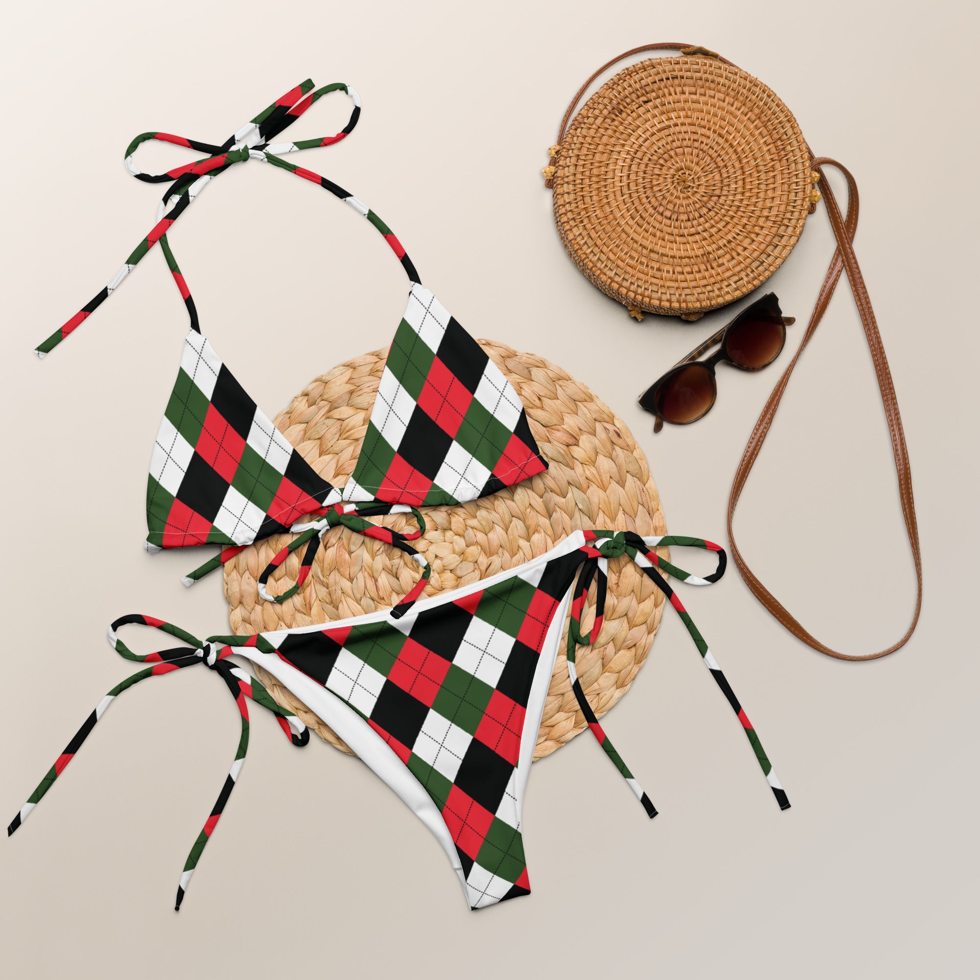 Women's Christmas Argyle Buttery Soft Recycled String Bikini With UPF 50+