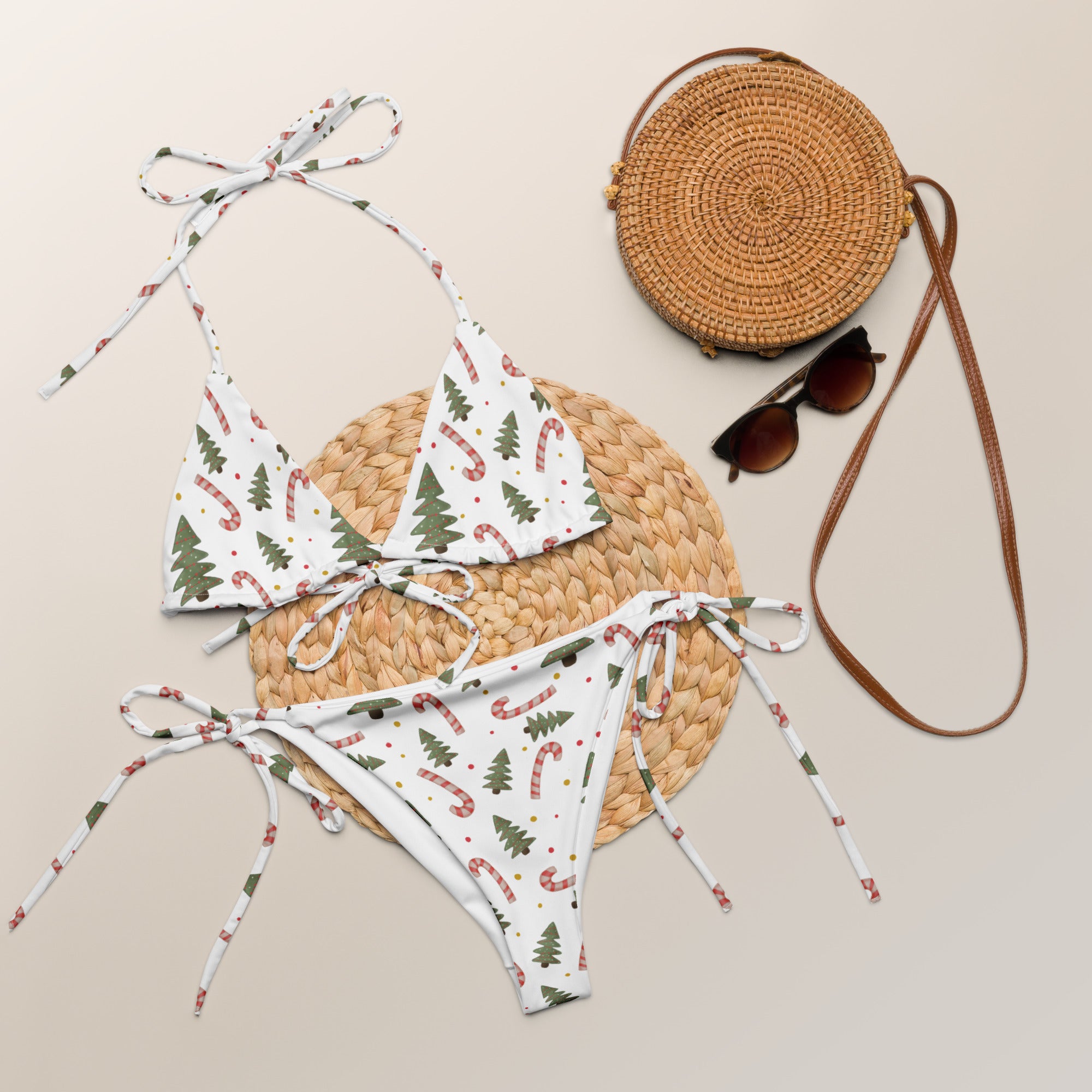 Women's Christmas Trees & Candy Canes Buttery Soft Recycled String Bikini With UPF 50+