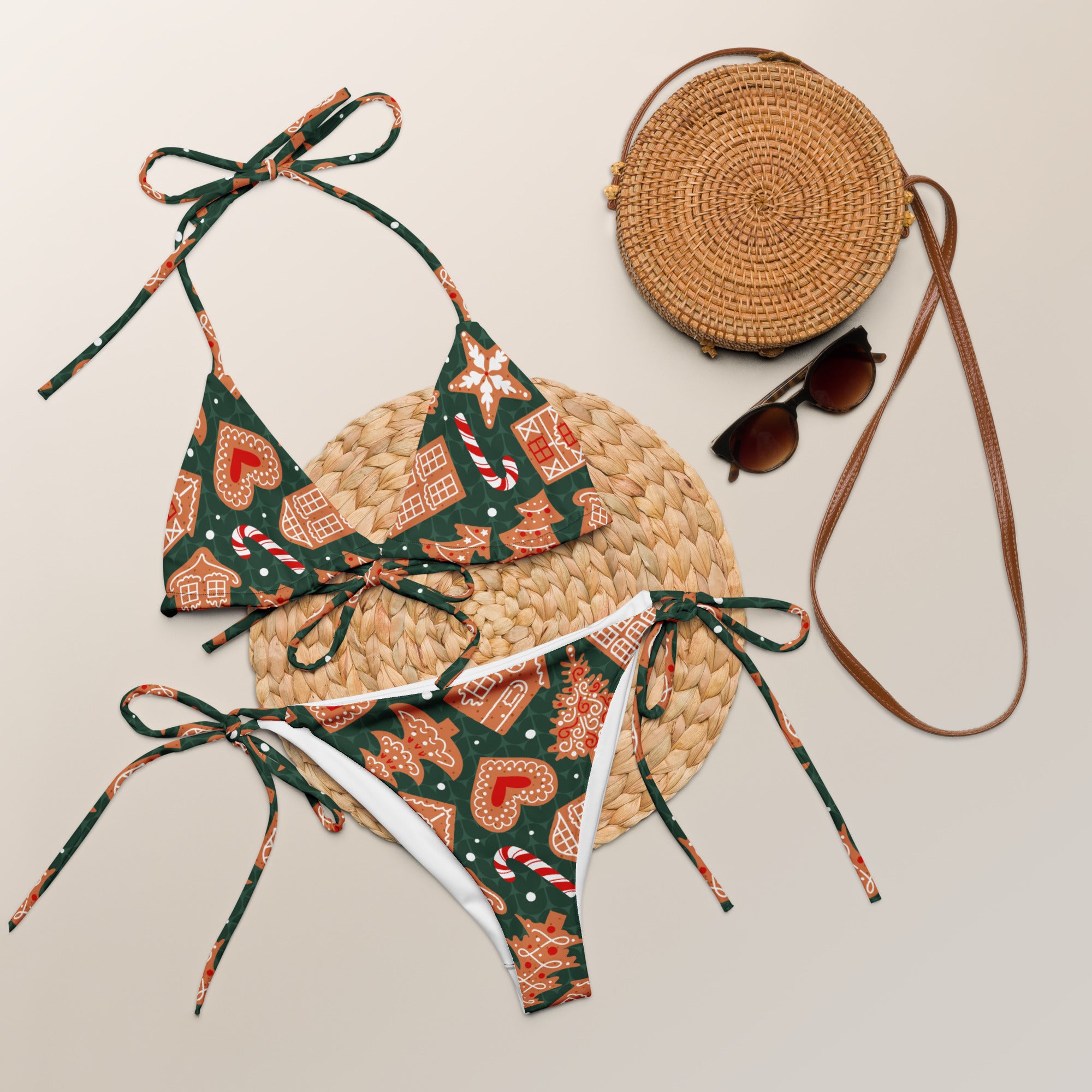 Women's Green Gingerbread Christmas Buttery Soft Recycled String Bikini With UPF 50+