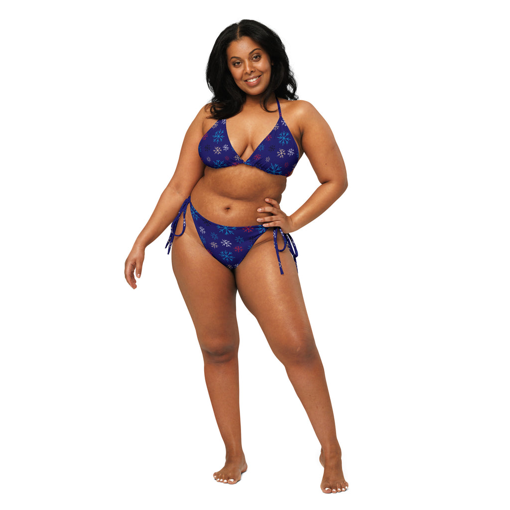Women’s navy multicolor snowflake recycled buttery soft bikini set with side ties and upf 50 plus sun protection