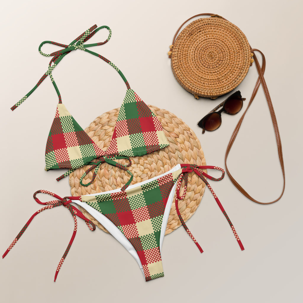 Women's Christmas Patchwork Plaid Buttery Soft Recycled String Bikini With UPF 50+