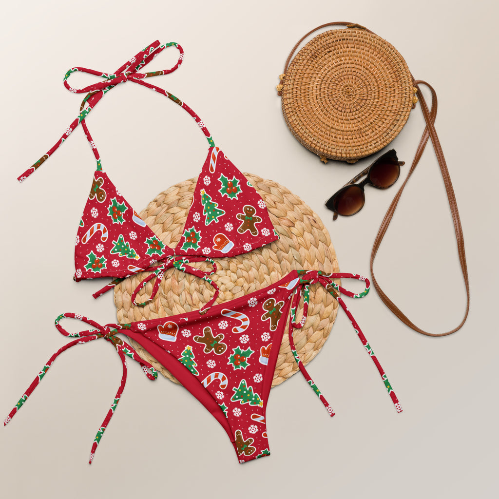 Women’s red gingerbread christmas string bikini made of buttery soft recycled fabric with upf 50 and festive patterns