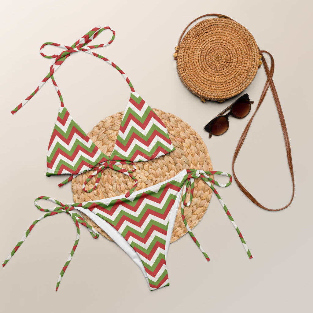 Women’s Christmas chevron stripes buttery soft recycled fabric red green and white zigzag halter bikini with UPF 50+