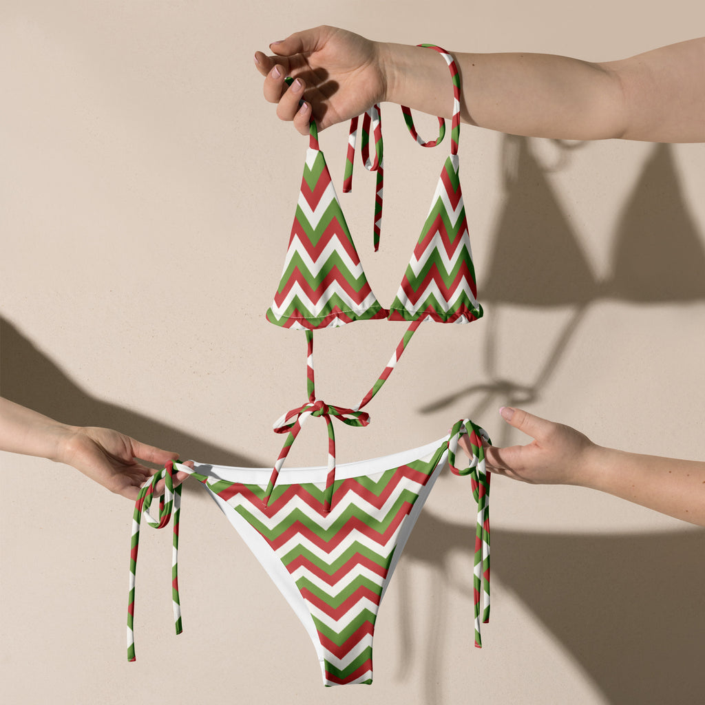Women’s Christmas chevron stripes buttery soft recycled red and green bikini set with white trim and UPF 50+ protection