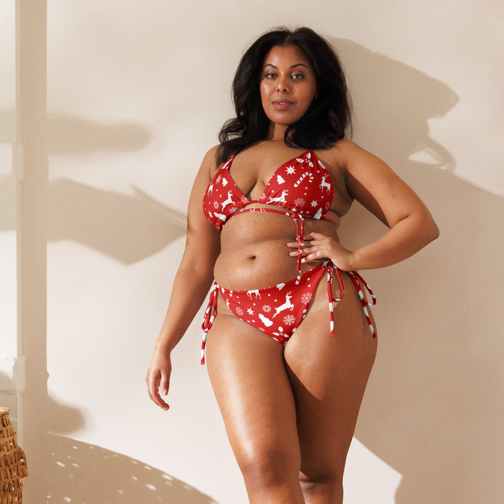 Women’s red Christmas string bikini with reindeer snowflake patterns buttery soft recycled fabric UPF 50+