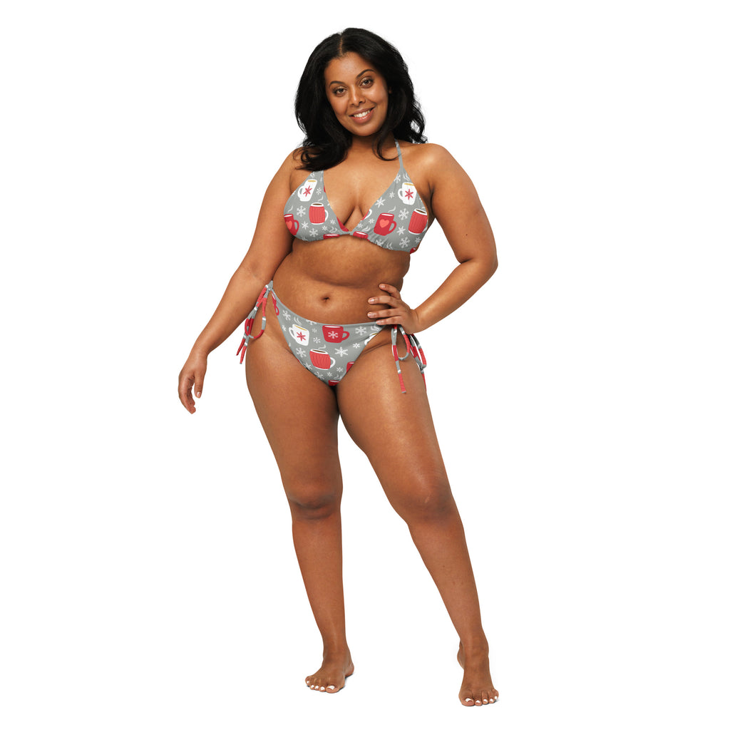 Women’s hot cocoa christmas recycled string bikini set in gray and red with buttery soft fabric festive coffee mug and snowflakes