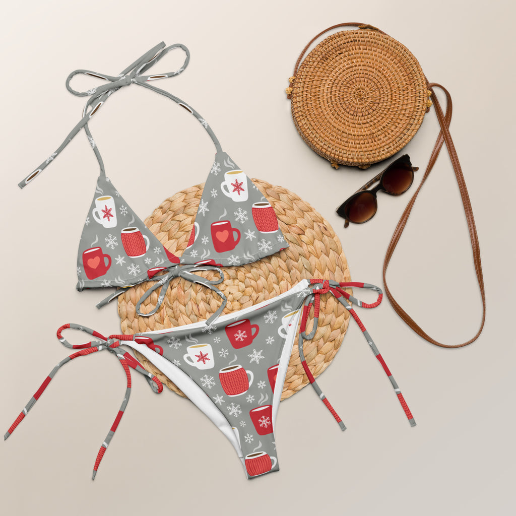 Women’s hot cocoa Christmas gray and red recycled buttery soft string bikini with coffee mugs snowflakes and hearts pattern