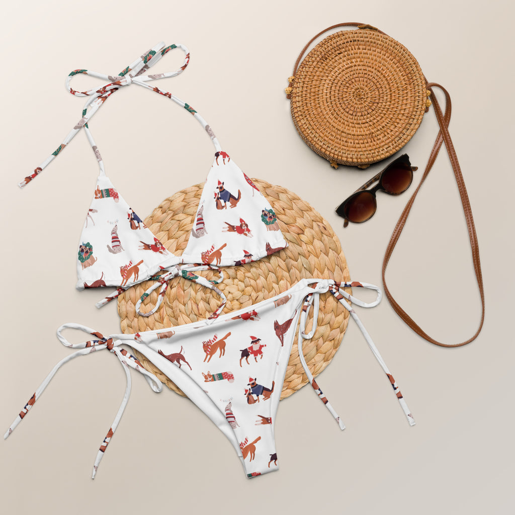 Women’s white string bikini with festive cartoon dogs pattern buttery soft recycled fabric upf 50 plus