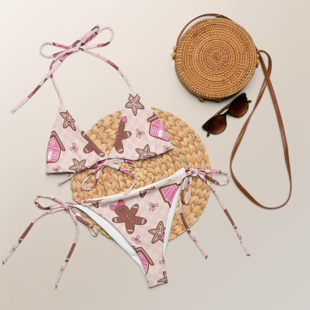Women's Pink Gingerbread Christmas Buttery Soft Recycled String Bikini With UPF 50+