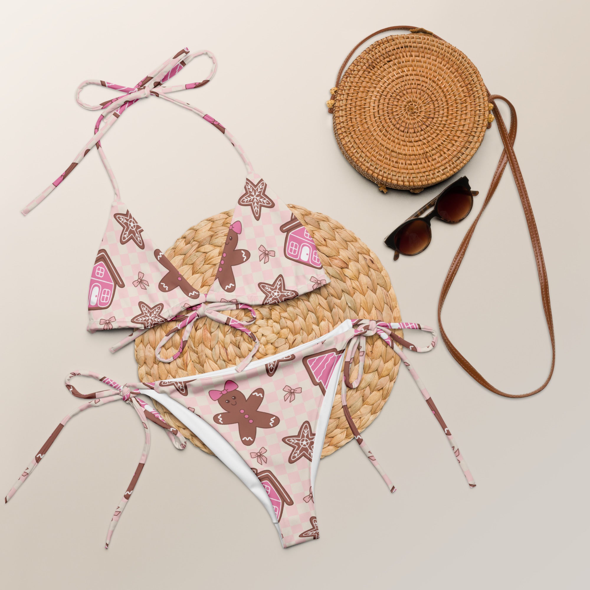 Women's Pink Gingerbread Christmas Buttery Soft Recycled String Bikini With UPF 50+