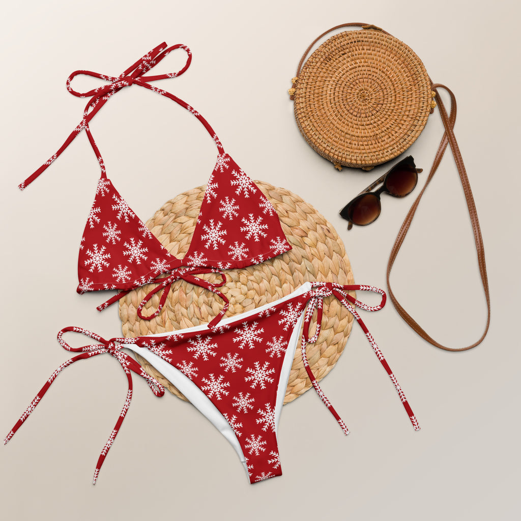 Women's Red Christmas Snowflake Buttery Soft Recycled String Bikini With UPF 50+