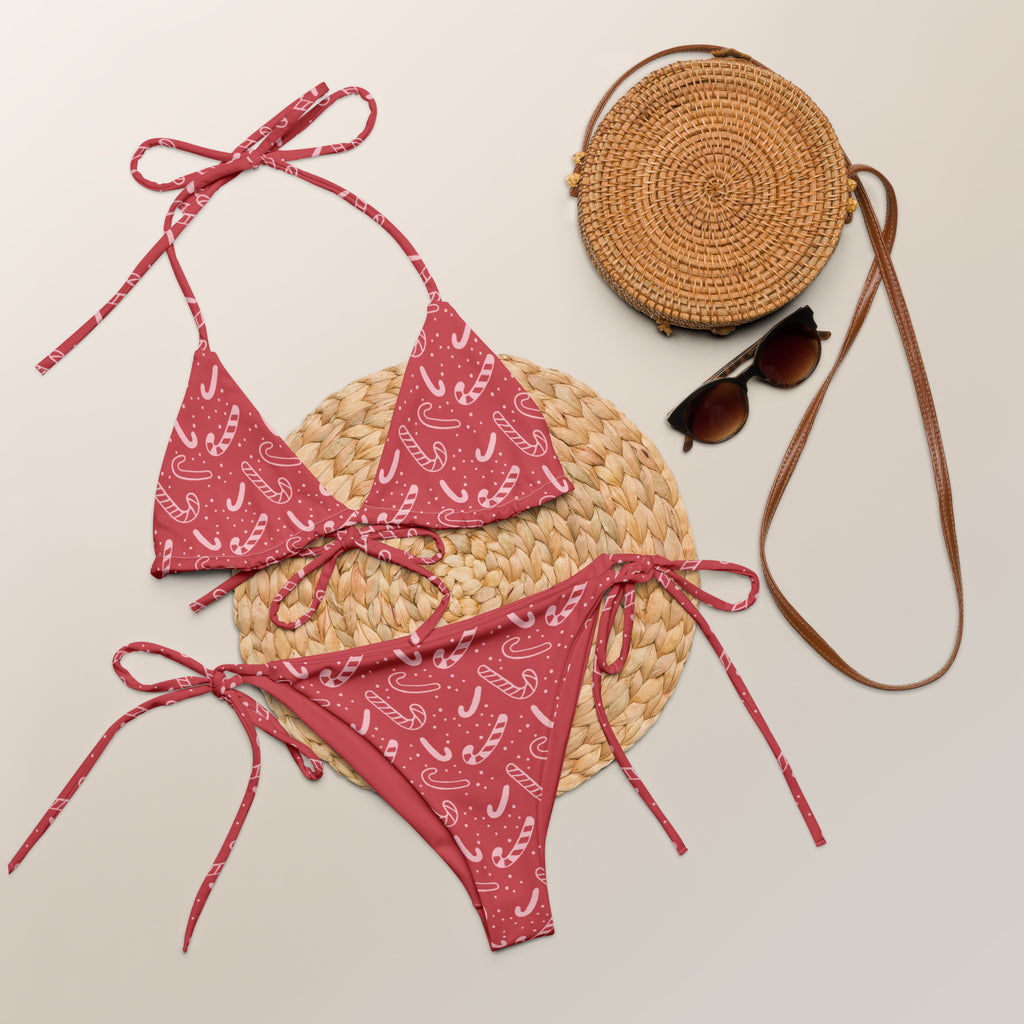 Women's Red Candy Cane Christmas Buttery Soft Recycled String Bikini With UPF 50+