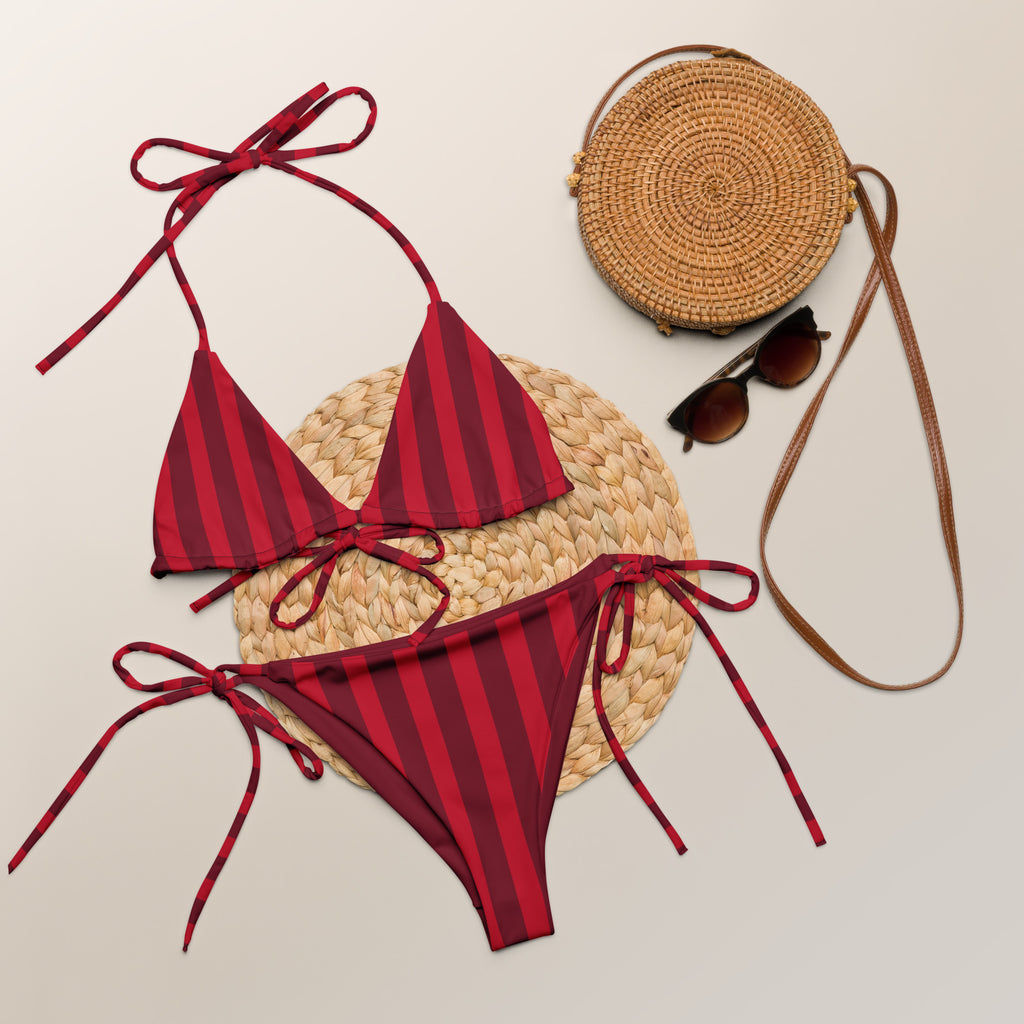 Women's Red Candy Cane Stripe Buttery Soft Recycled String Bikini With UPF 50+