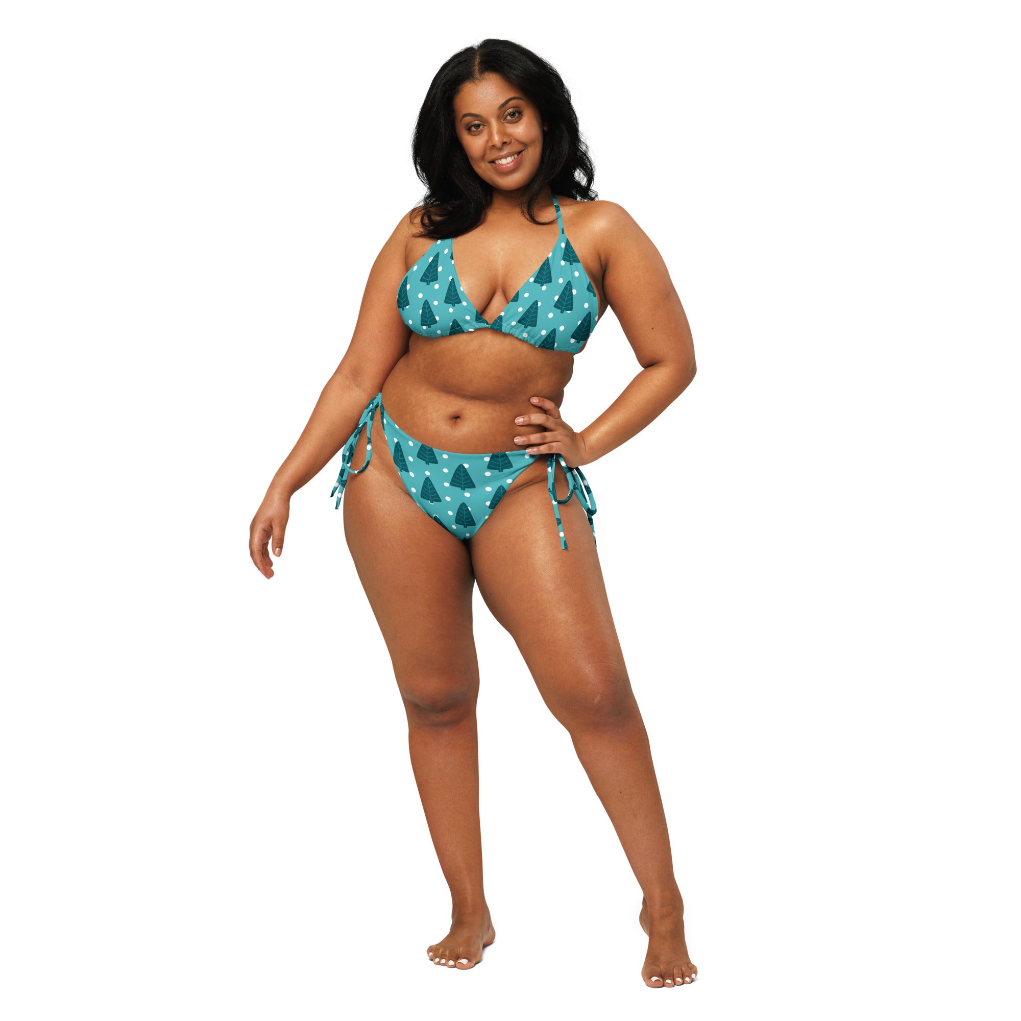 Women's Teal Christmas Tree Buttery Soft Recycled String Bikini With UPF 50+