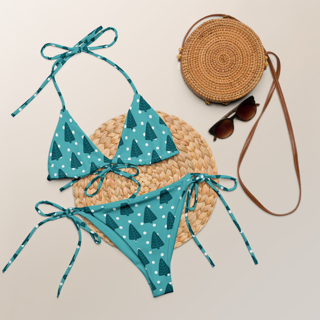 Women's Teal Christmas Tree Buttery Soft Recycled String Bikini With UPF 50+