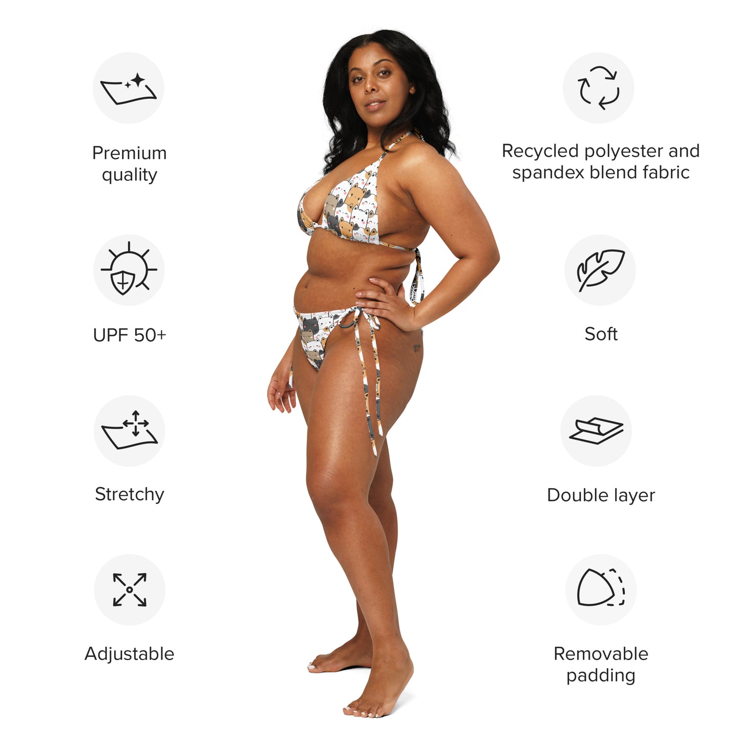 Women's Kawaii Cat Face Buttery Soft Recycled String Bikini With UPF 50+