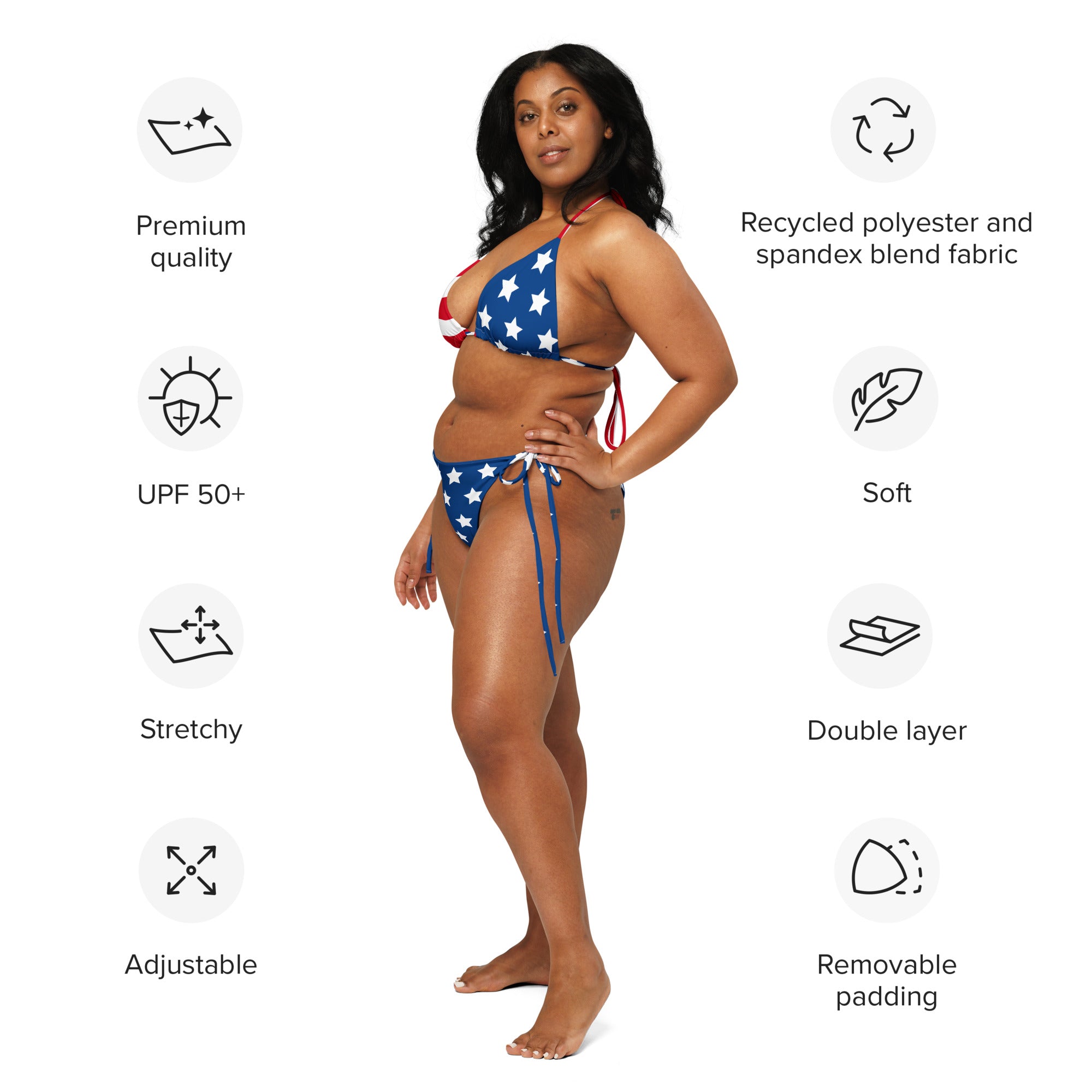 Women’s plus-size usa flag recycled string bikini with buttery soft fabric blue with white stars and red ties