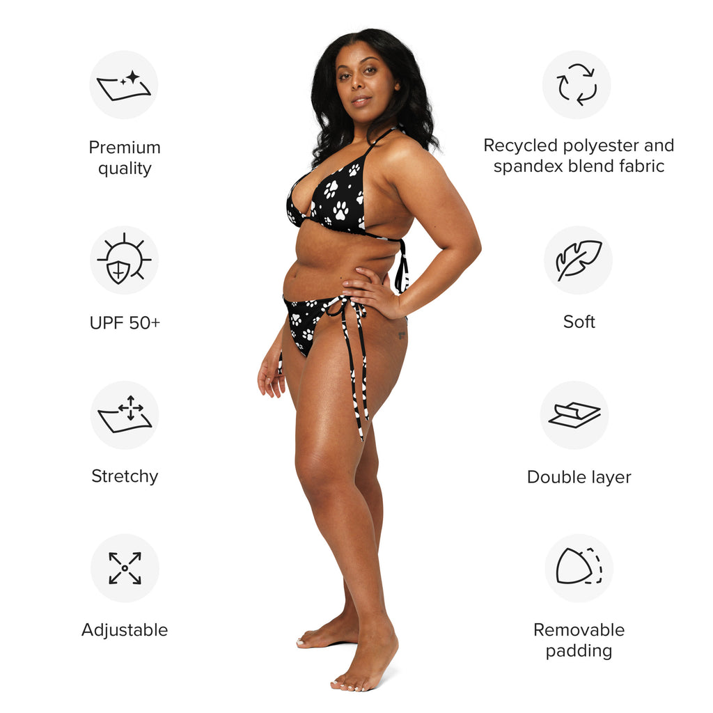 Women’s black paw print buttery soft recycled string bikini made from recycled polyester and spandex blend fabric