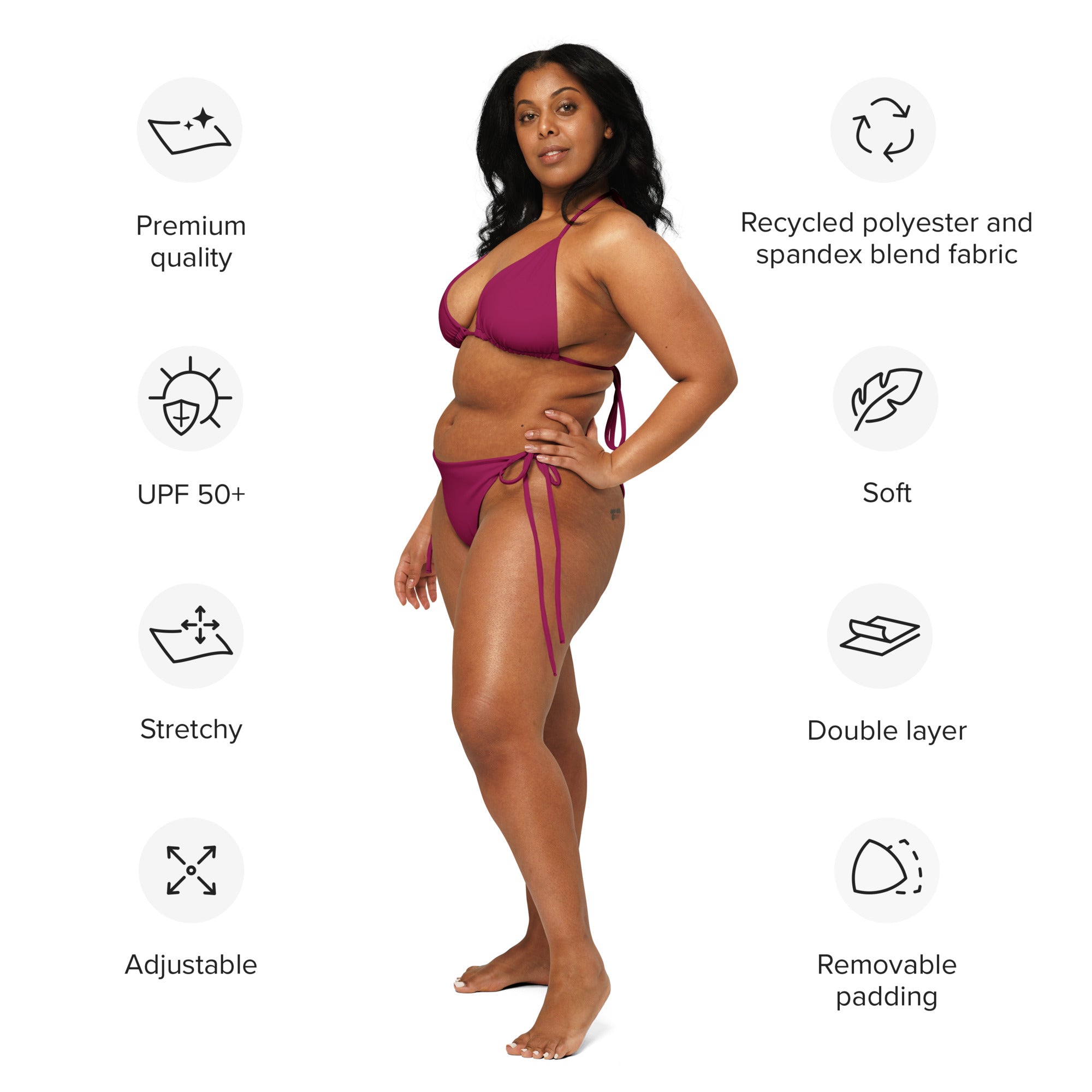 Women’s magenta purple buttery soft recycled polyester spandex string bikini with adjustable straps and double-layer design