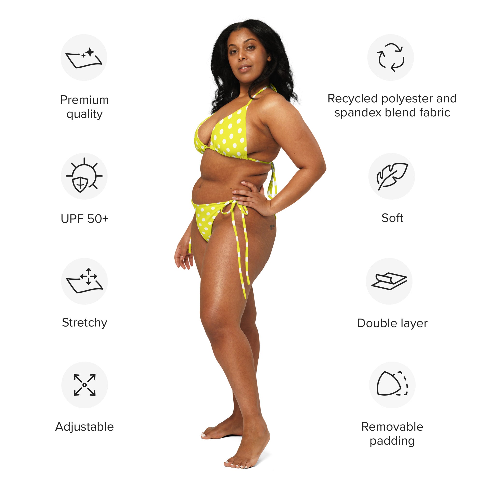 Women’s yellow polka dots buttery soft recycled string bikini with adjustable ties and upf 50 plus protection