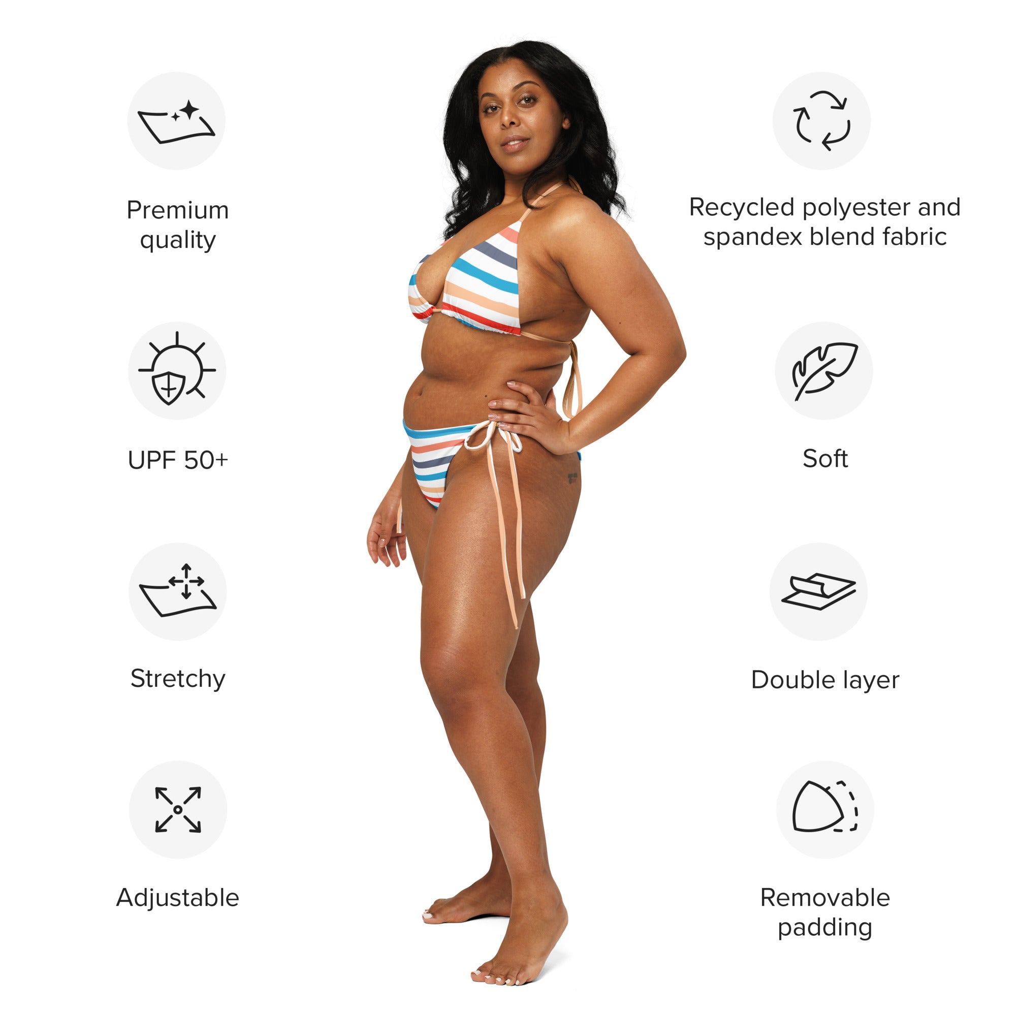 Women’s plus-size colorful wavy stripes buttery soft recycled string bikini with upf 50 plus in blue red white and beige