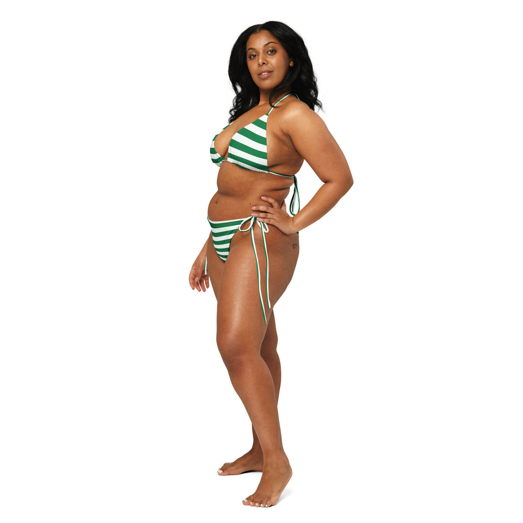 Women's Green & White Christmas Stripes Buttery Soft Recycled String Bikini With UPF 50+