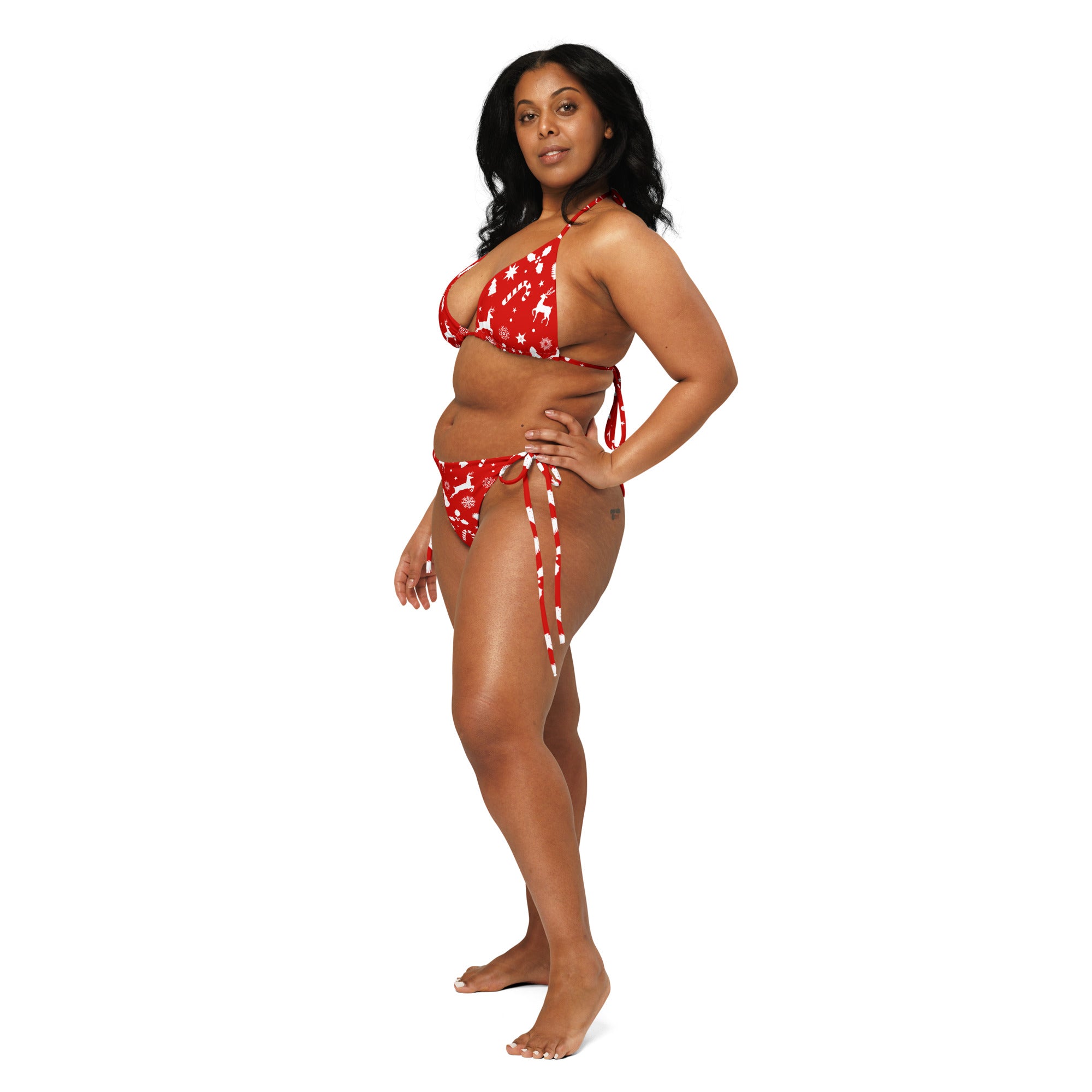 Women’s red recycled string bikini set with white reindeer prints buttery soft fabric and upf 50 plus protection