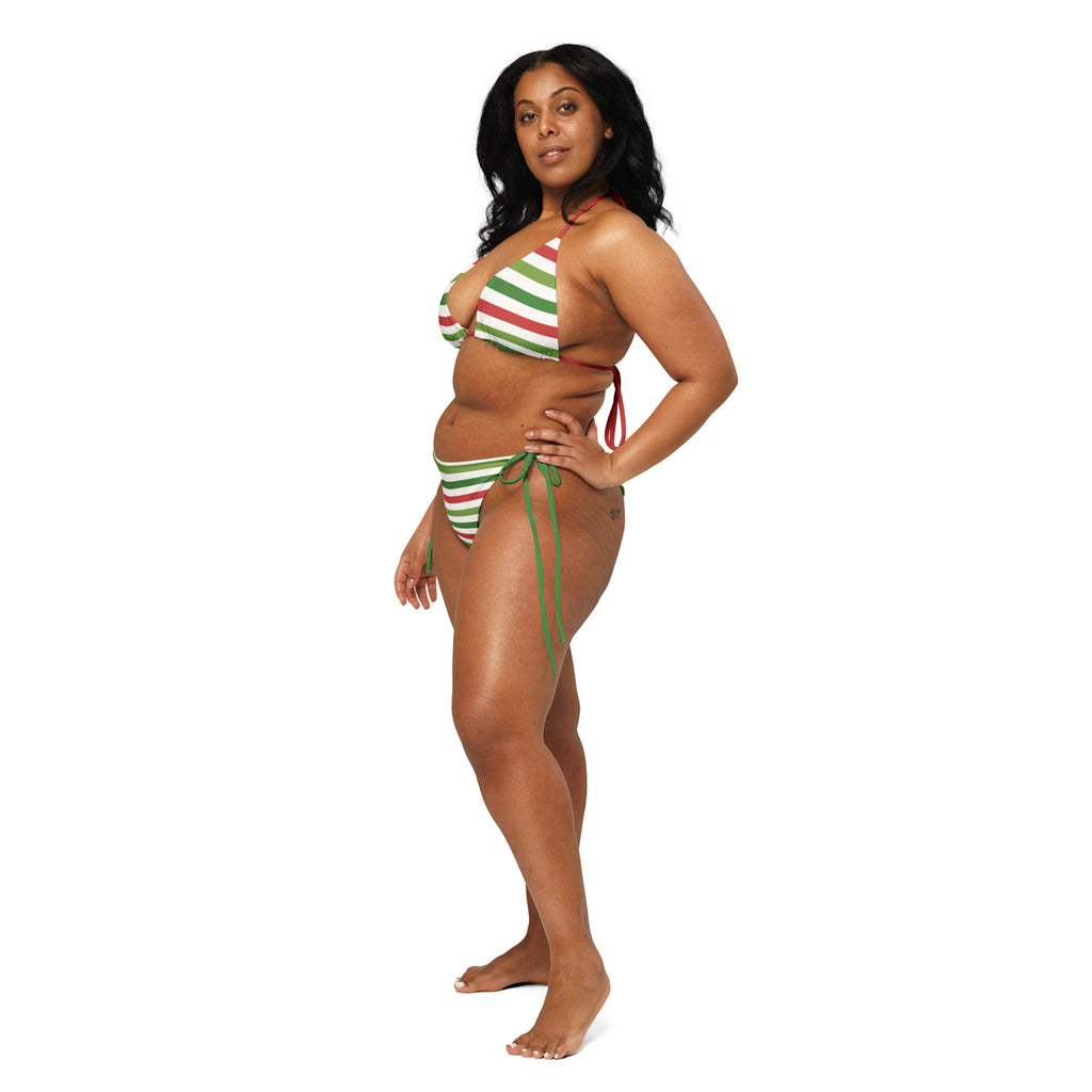 Women's Red & Green Christmas Stripe Buttery Soft Recycled String Bikini With UPF 50+