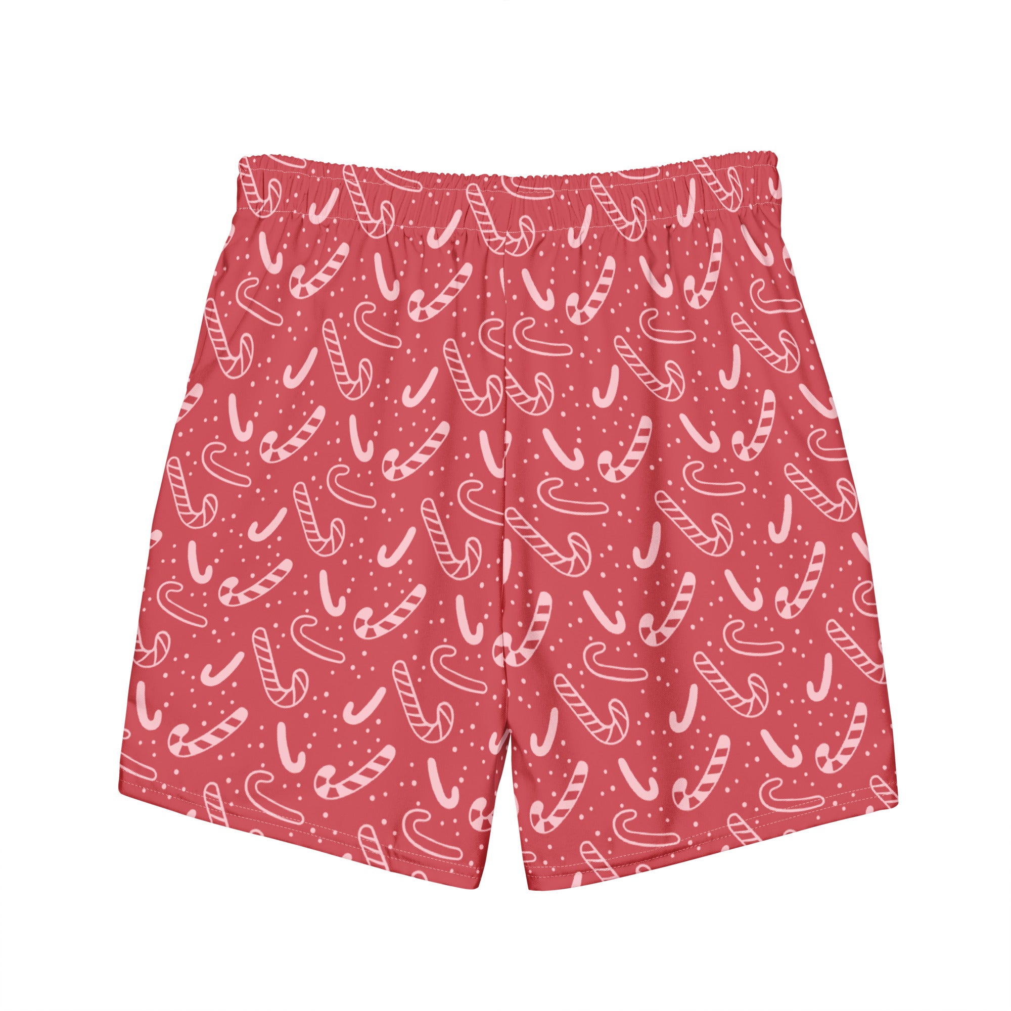 Men’s red candy cane christmas swim trunks featuring white candy cane pattern on red shorts for festive beachwear