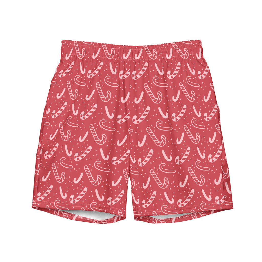 Men’s red candy cane christmas swim trunks featuring playful white candy cane outlines and small dot patterns