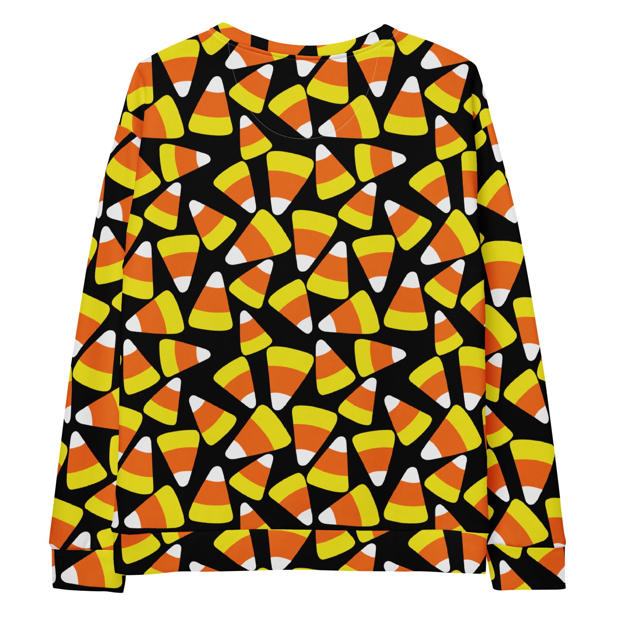 Black long-sleeved sweatshirt with vibrant orange yellow and white candy corn pattern and brushed fleece lining